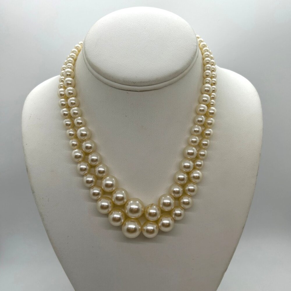 Vintage Double Strand Acrylic Faux Pearl Necklace GoldTone Ornate Clasp 16"
